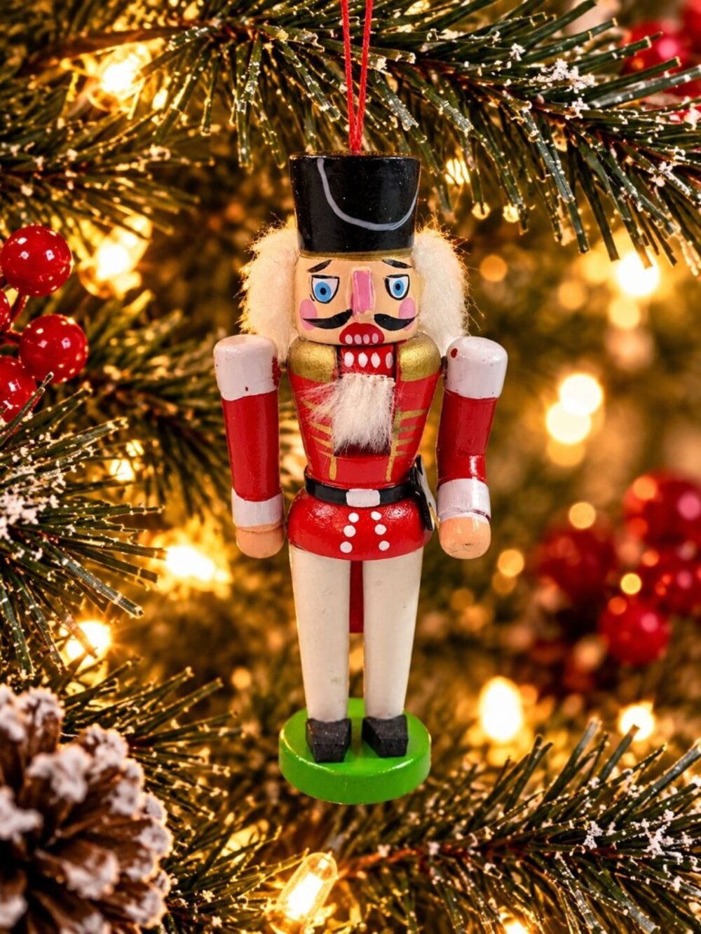 Vintage Mini Wooden Nutcracker Christmas Ornament Black Hat Red Uniform & String